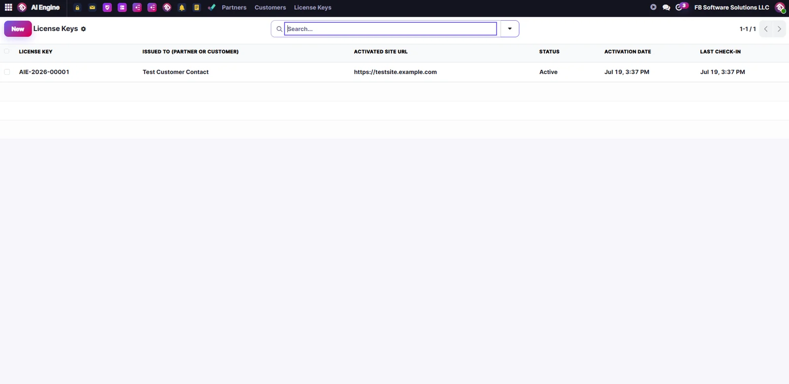 Odoo içindeki AI Engine lisans anahtarı kaydı: anahtar, kime verildiği, etkinleştirilen site ve durum.