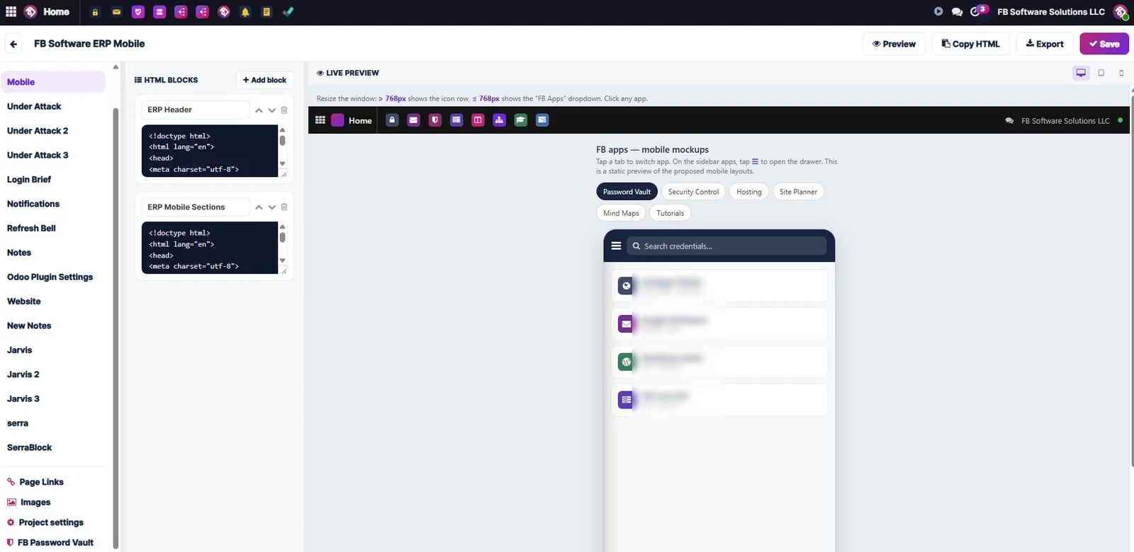FB HTML Site Planner: solda adlandırılmış HTML blokları, sağda canlı önizleme.