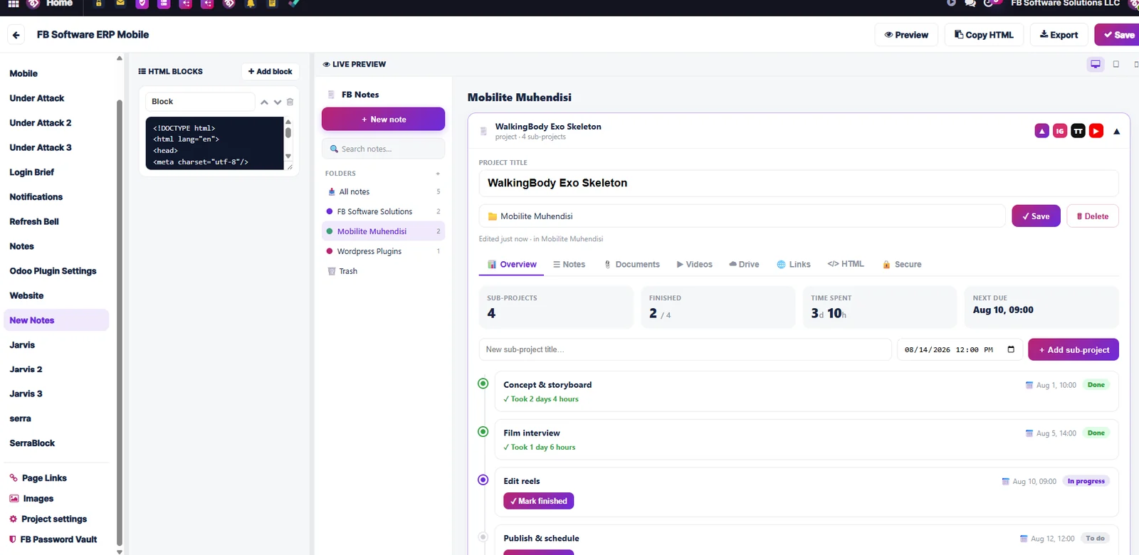 FB Software ERP çalışma alanı: solda HTML Site Planner, sağda FB Notes proje görünümünün canlı önizlemesi.